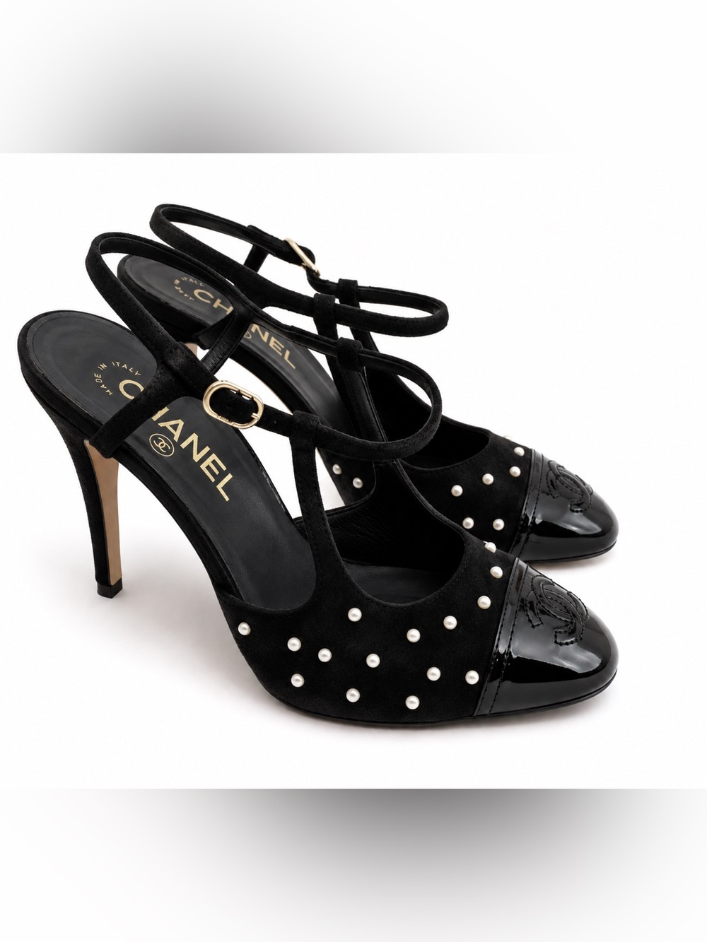 CHANEL Black Pearl-Stud Suede & Patent Slingback Heels